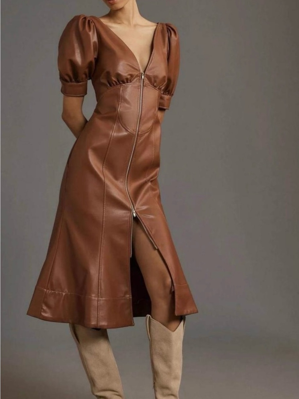 By Anthropologie Vegan Leather Puff Sleeve Zip Front Midi Dress Size 2 Brown